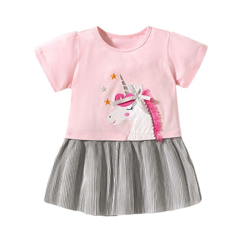 Girl Pink Pleated Dress Baby Short Sleeve Fashionable Skirt Children's Summer Clothing Children's Unicorn Princess Dress