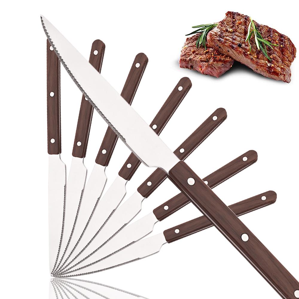 8Pcs Stainless Steel Steak Knife Imitation Wooden Handle Sharp Steak Knife Knives Set Restaurant Table Knives Flatware Set