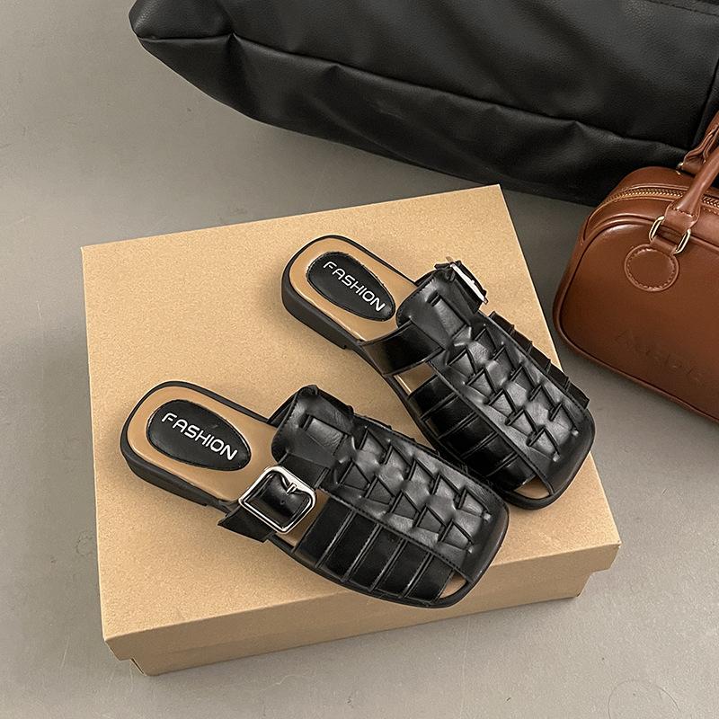

[Fanfna] Hollow bag head half slippers women s summer wear retro fashion versatile woven flat bottom cool slippers 40 чёрный