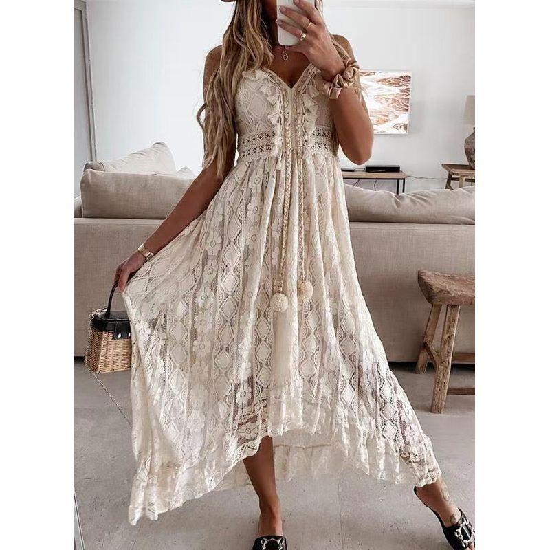 

Fashion Style Street Fashion Elegant Sexy Lace Sling Large Swing Dress Women s Sexy Lace Dress Beige 2XL