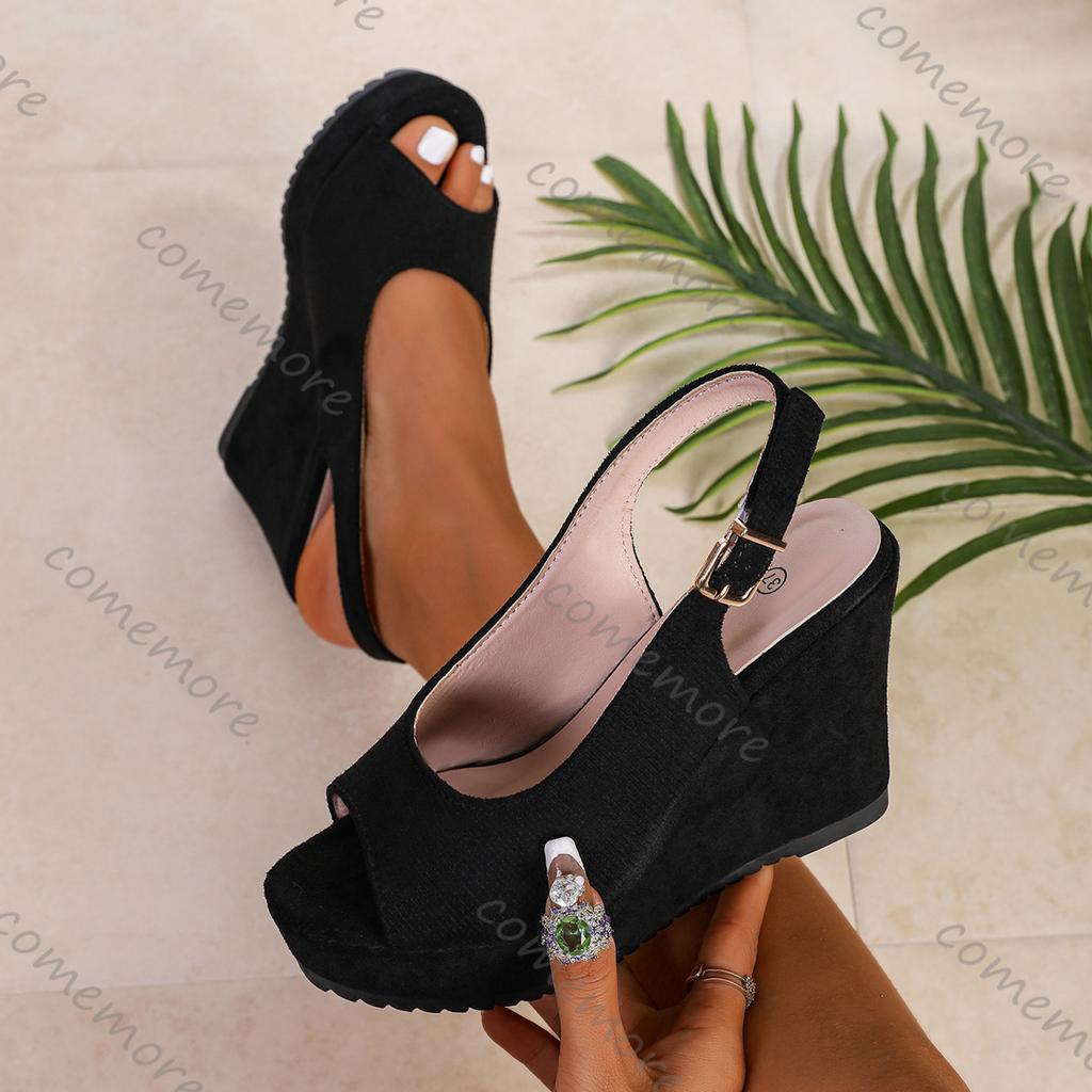 Fashion Comemore Summer Platform Wedges Sandals for Women Black Suede Peep Toe Female Shoes Fashion High Heels Ladies Large Size Sandal