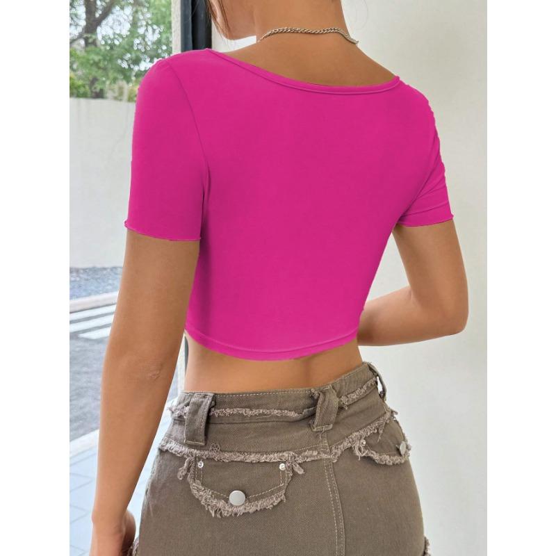 Women Sexy Twist Ruched Deep V Neck Short Sleeve Cropped Top