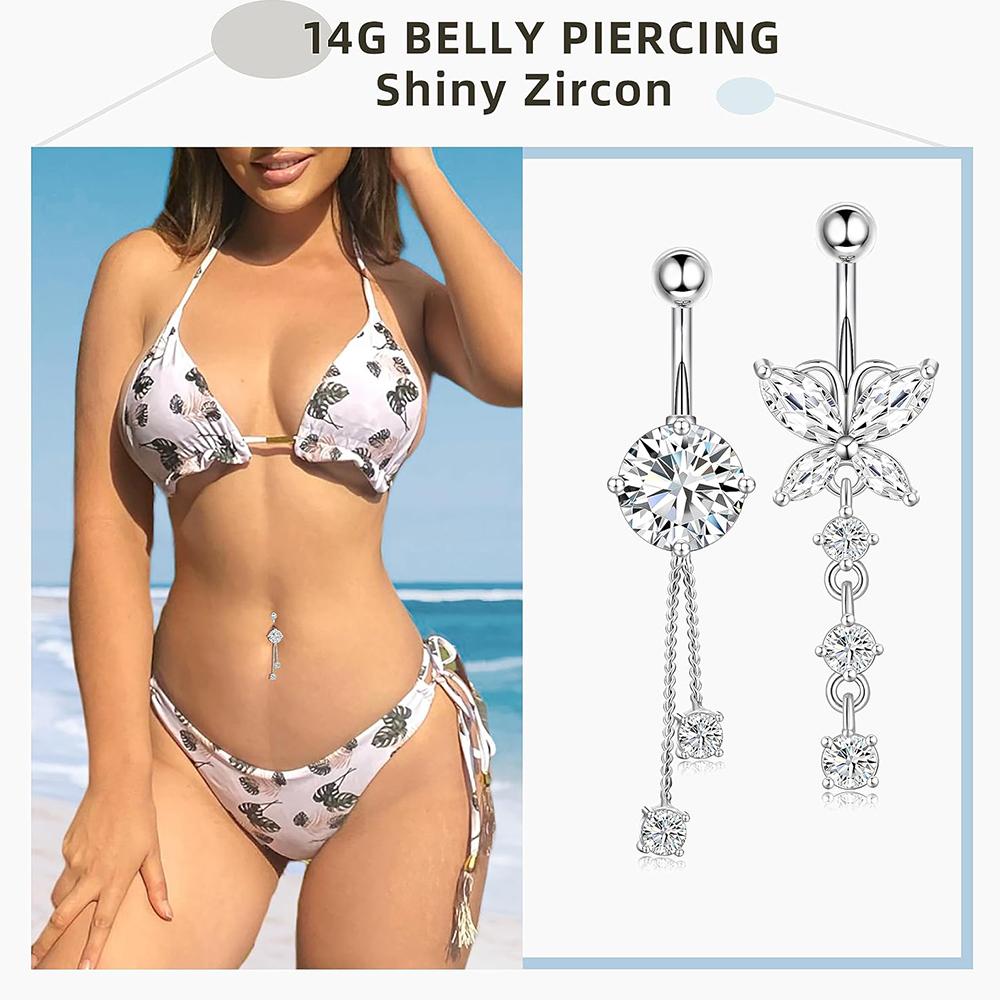 3-5pcs/Lot Belly Button Ring Sets Heart Butterfly Flower Dangled Belly Piercing Nombril 14G Curved Navel Rings Jewelry for Women