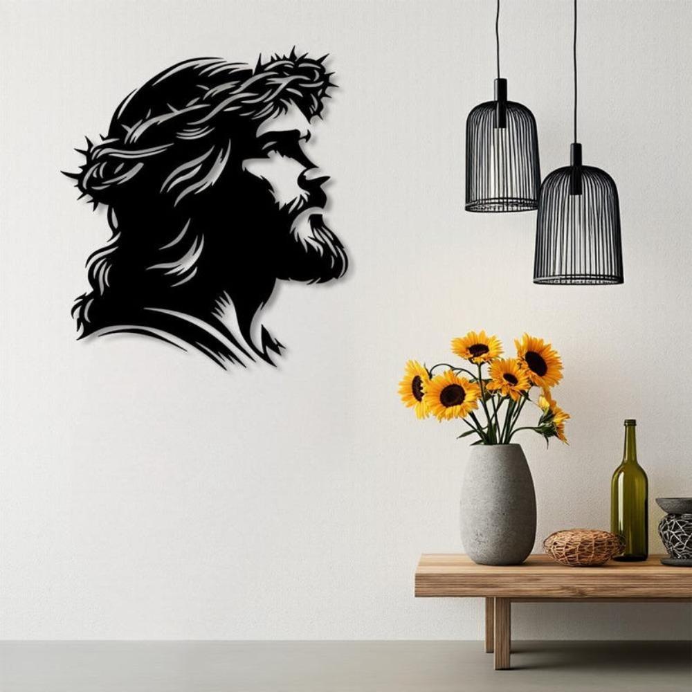Silhouette Métallique Jésus Art Mural Décoration Chrétienne Religieuse avec Couronne d'Épines Croix Minimaliste Suspendue pour Salon Chambre à Coucher