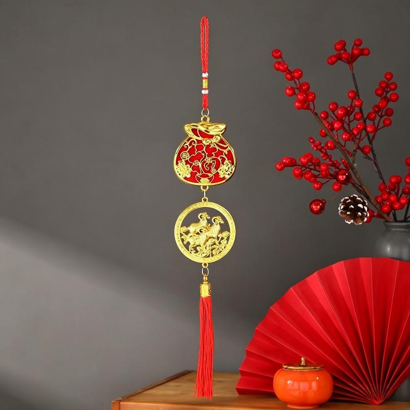 2027 Chinese New Year Goat Hanging Ornaments Gold Lucky Red Tassels Spring Festival Home Wall Decor