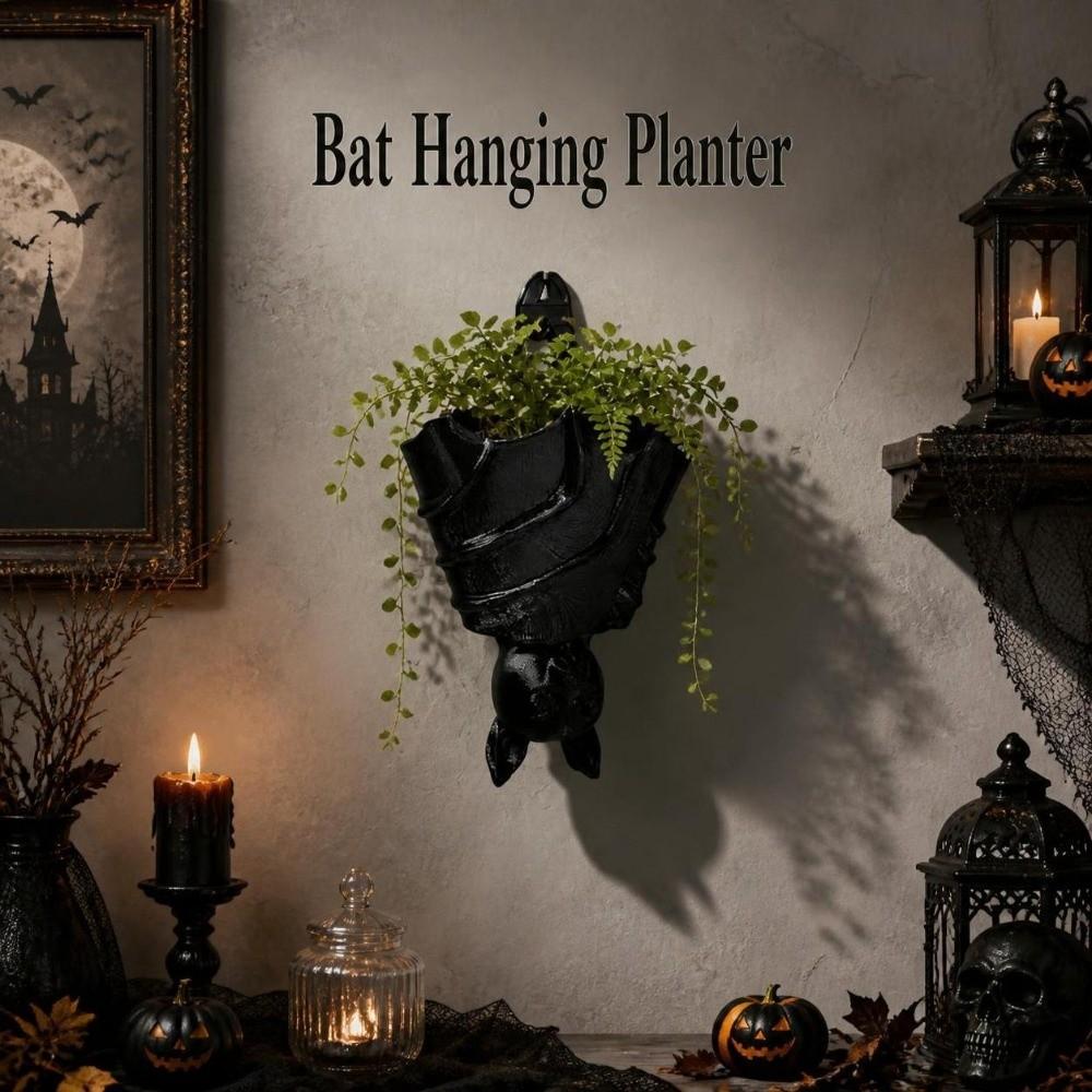 Gothic Style Bat Shaped Flower Pot Halloween Hanging Succulent Planter Flower Container  Patio