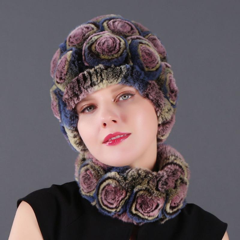 Rex Rabbit Rose Hat and Flower Scarf Set Specializing in the production of Rex Rabbit Scarf Hat Two-piece Adult Hat