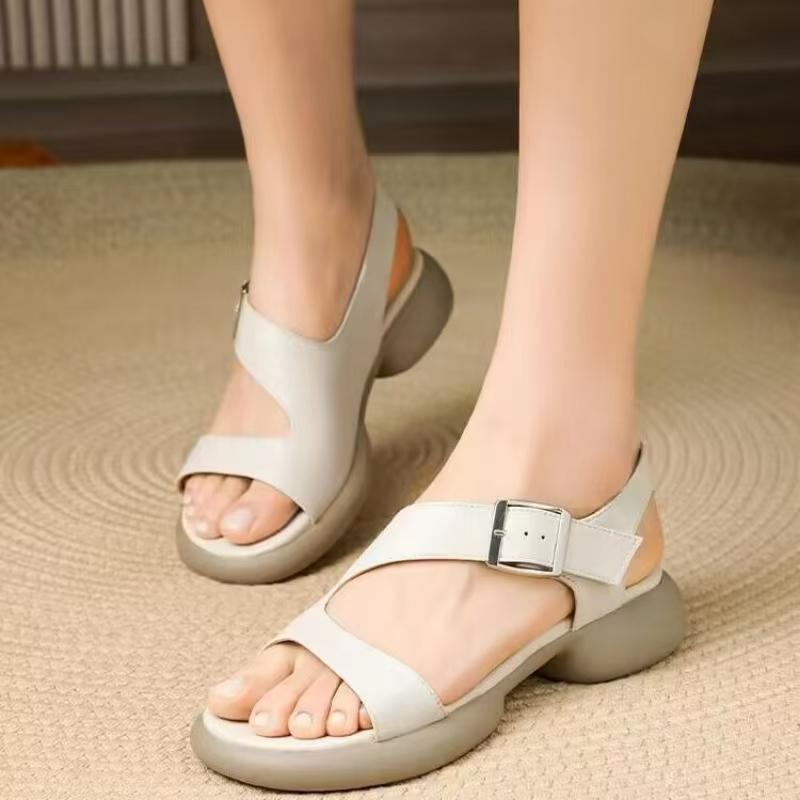 Women's Summer New Leather Hollow Out Block Heel Sandals Thick Sole Non Slip Open Toe Lightweight Buckle Strap Casual Sandals