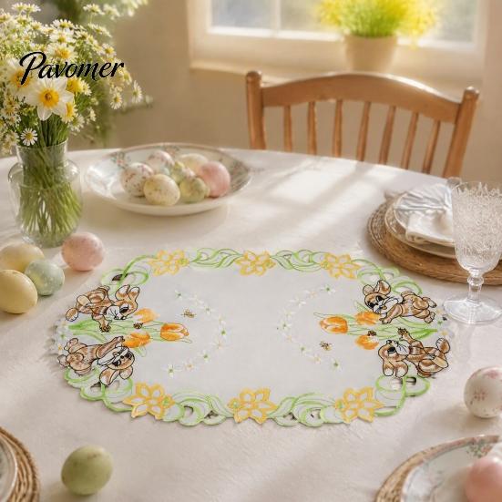 Oval Lace Table Linens Cute Rabbit Placemats, Cartoon Bunny And Tulip Placemat, Hollow Out Floral Kitchen Decor Accessories Place Mat, Fabric
