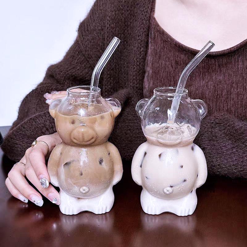 Tazza in Vetro Orsetto Cartone Animato Carino - Alto Borosilicato per Caffè, Acqua, Succo, Tè al Latte