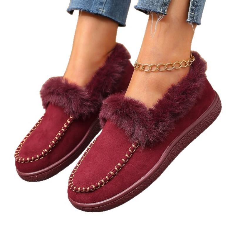 Women's Plus Size Furry Cuff Flat Cotton Shoes Autumn Winter Fleece Lined Warm Slip on Shoes
