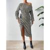 Stylish Long Sleeve Striped Skew Collar Women Sexy Dress Lace-up High Waist Elegant Dresses Women Casual Irregular Split Party Club Female Dress 25936