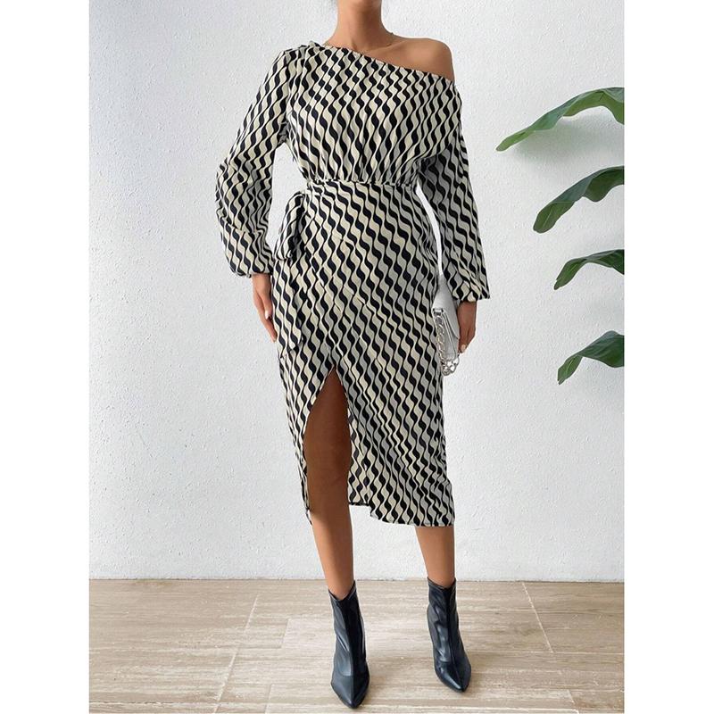 Stylish Long Sleeve Striped Skew Collar Women Sexy Dress Lace-up High Waist Elegant Dresses Women Casual Irregular Split Party Club Female Dress 25936