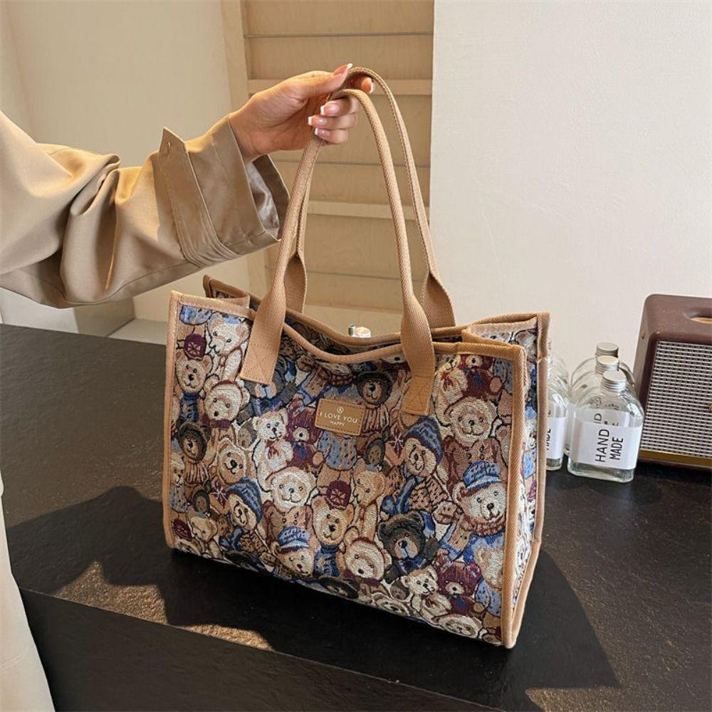 Convenient Portable Handbag Casual Cartoon Bear Embroidered Shoulder Bag Large Capacity Tote Bag