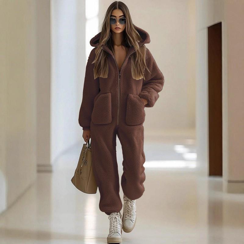 2025 Autumn/Winter Women's Hooded Plush Jumpsuit with Pockets