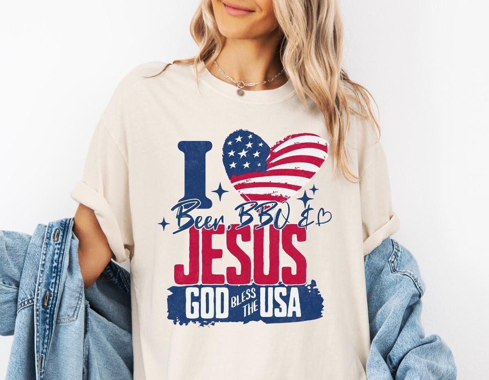 I Love Beer, BBQ And Jesus , Comfort Colors Shirt, 4th Of July Shirt Unisex T-Shirt XXXXL