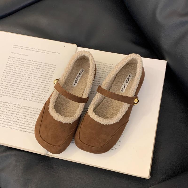 Women's Flat Shoes Winter New Square Head Shallow Mouth Suede Soft Sole Anti-slip Wear-resistant Low-top Shoes