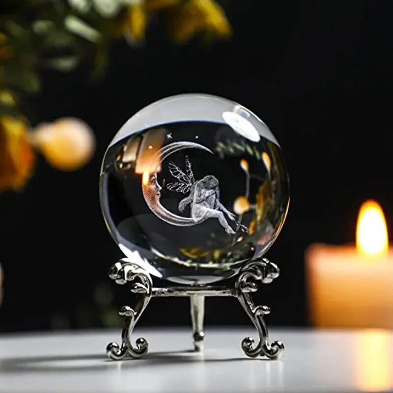60mm 3D Crystal Ball Laser Engraved Glass Ornaments Animal Figurine Collectibles Paperweight Home Art Decor with Stand