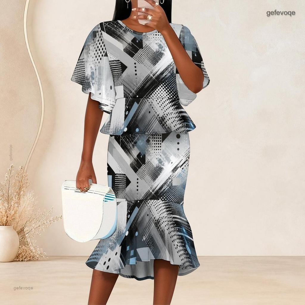 Women Plus Size Round Neck Batwing Sleeve Printed Ruffle Hem Top Fishtail Skirt Two Piece Set