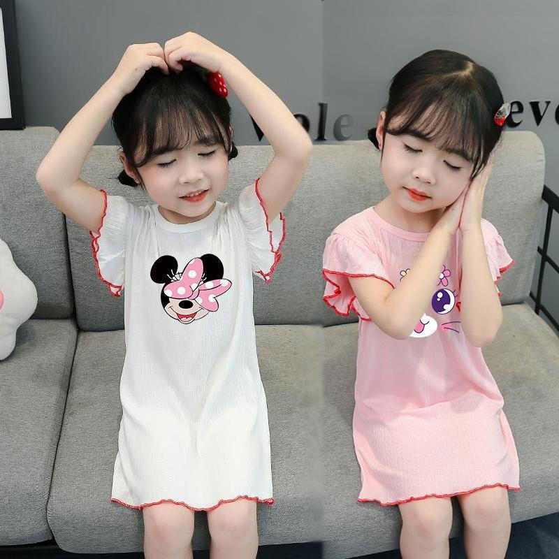 Girls Summer Ice Silk Short Sleeve Cartoon Nightgown Lightweight Pajama Dress for Toddlers and Kids