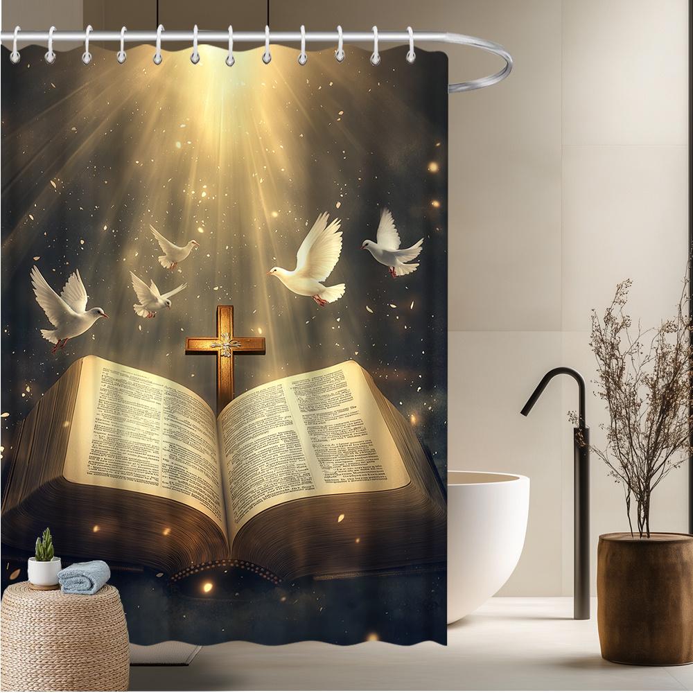 

Bible & Cross Shower Curtain, Holy Scripture & Doves Design, Fade-Resistant Polyester,12 Hooks,Machine Washable, Serene Ambiance W90xH180cm