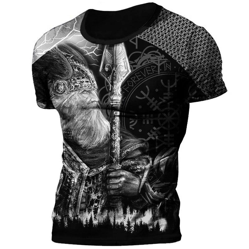 Retro Viking Tattoo 3D Print Men's T-shirts Summer Viking Odin Crew Neck Loose Short Sleeve Casual Tops Tees Oversized T Shirts