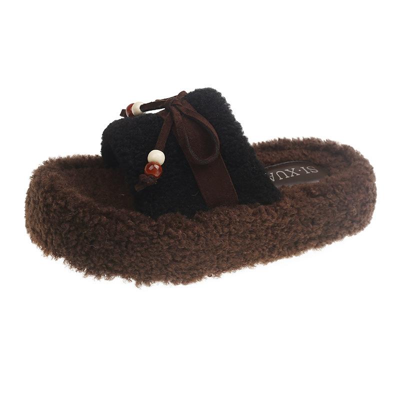 

Internet celebrity black bow hairy slippers women wear 2025 autumn and winter new high-end one-word cotton slippers 35