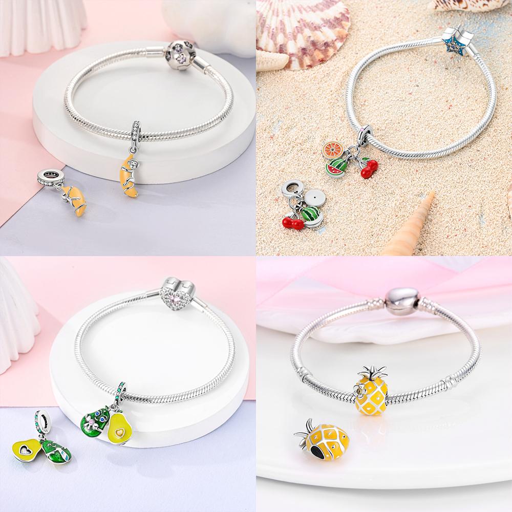Strawberry Cherry Apple Avocado Fruit Charms Pendants Bead Fit Diybracelet Originalcopper Birthday Jewelry Fine Gift