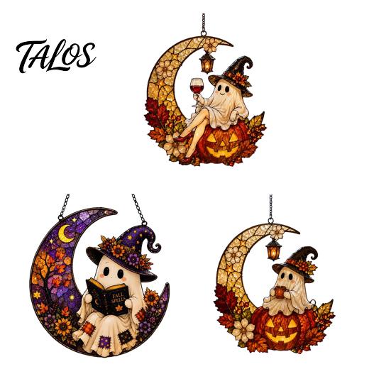 Ghost Pendant 2D Moon Pumpkin Acrylic Suncatcher, Halloween Window Home Garden Accents Hanging Ornament, Autumn Thanksgiving Yard Wall Decor