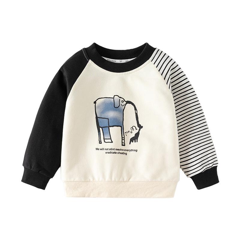 Spring new boys round neck pullover sweater children's cartoon color matching sleeve jacket baby top