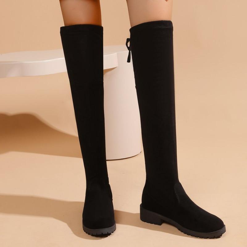 Black Knee Boots Autumn New Round Head Sleeve Women's Boots Thick Heel Fashion Thin Boots