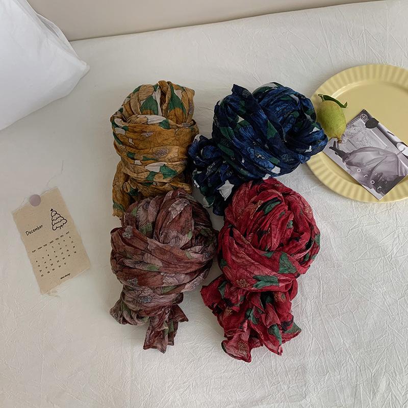 Cotton and Linen Scarf Autumn Floral Retro Silk Scarf Shawl Floral Fried Dough Twists Scarf