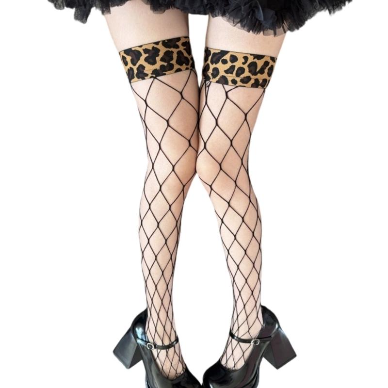 1 Pair Elastic Fishnets Thigh High Stockings Leopards Edges Design Comfortable Nylon Over Knee Fishnets for Women