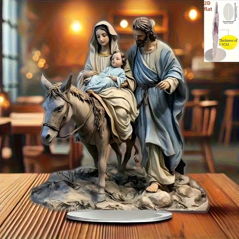 2D Flat Christmas Manger Scene Decoration The Holy Family of Jesus, Mary and Joseph with Donkey Acrylic Printed Tabletop Ornament   Home Office Church