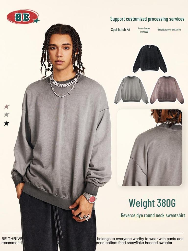 BE Men's Fashion | 2025 Autumn Oversized Round Neck Sweatshirt - European & American Trend, High-Quality, Basic Style, Washed Loose Fit