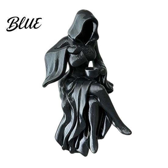 Hooded Girl Sculpture Gothic Reaper Lady Figurine 3D Printed Dark Fantasy Shelf Sitter Elegant Figurine Mysterious Black Robed Women Pouring Tea for