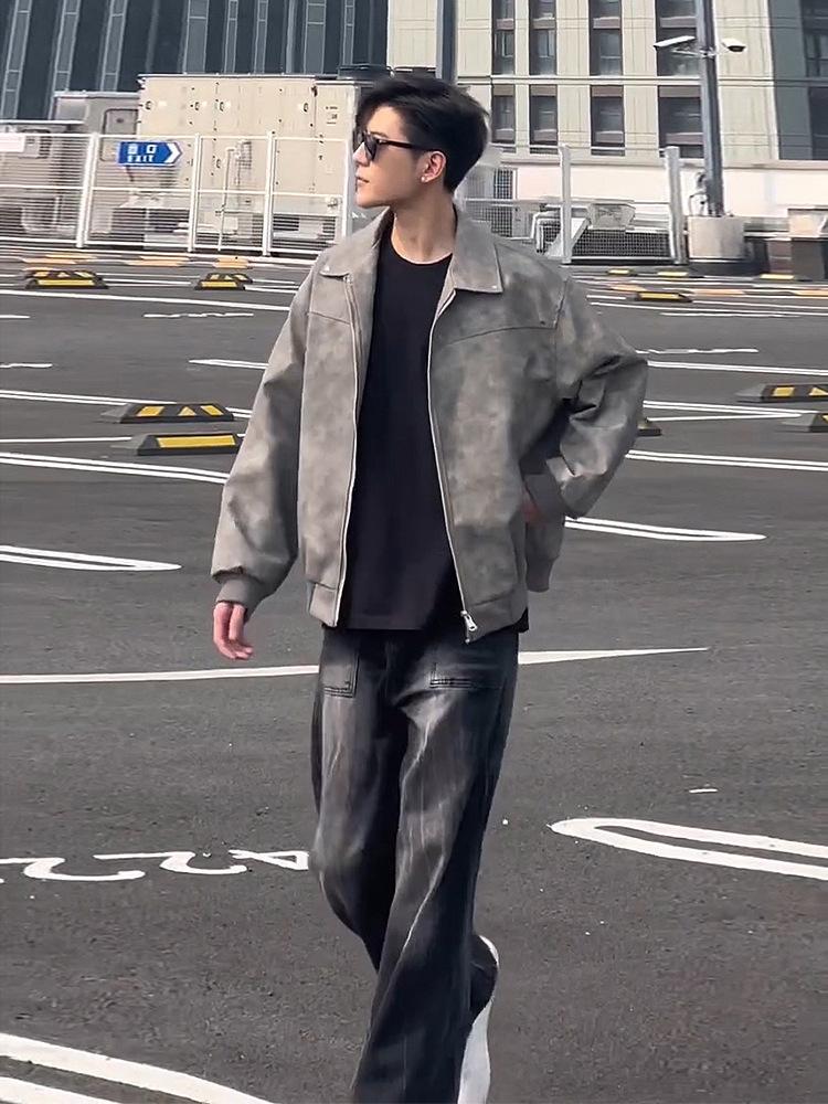 Cleanfit gray short leather jacket American ruffian handsome high-end men's vintage lapel locomotive leather jacket