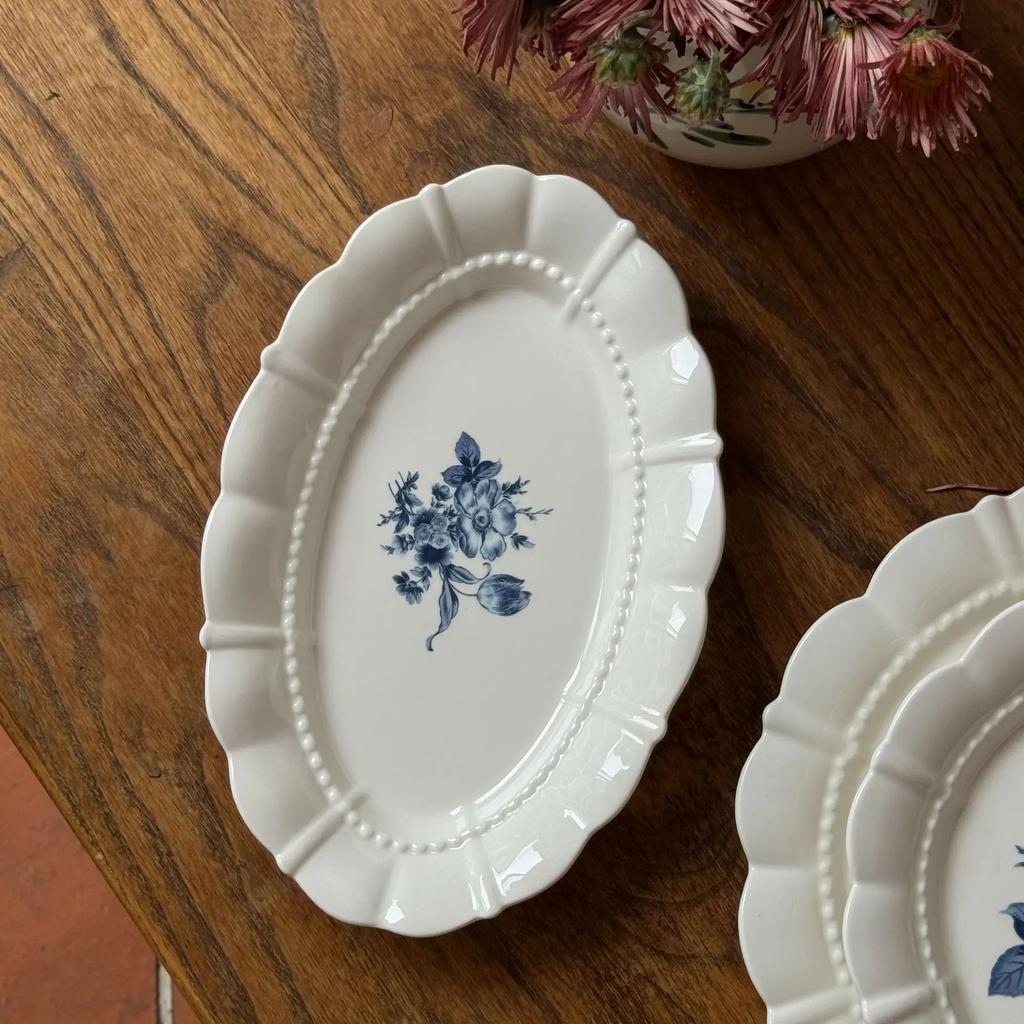 Francuski Vintage Niebieski Kwiatowy Ceramiczny Talerz Owalne Naczynie Wysokiej Wartości Deserowy Serwing Zastawa Stołowa