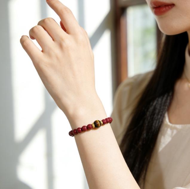 Exquisite Cinnabar Red & Tiger Eye Beaded Bracelet: Luxurious Purple Gold Sand Jewelry for Women