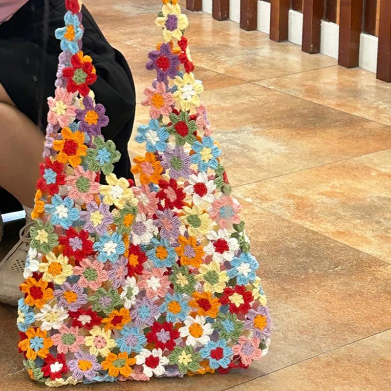 Handmade Crochet Shoulder Bag For Women Colorful Flower Patchwork Hollow Out Knitted Tote Bag Boho Style Casual Travel Handbag