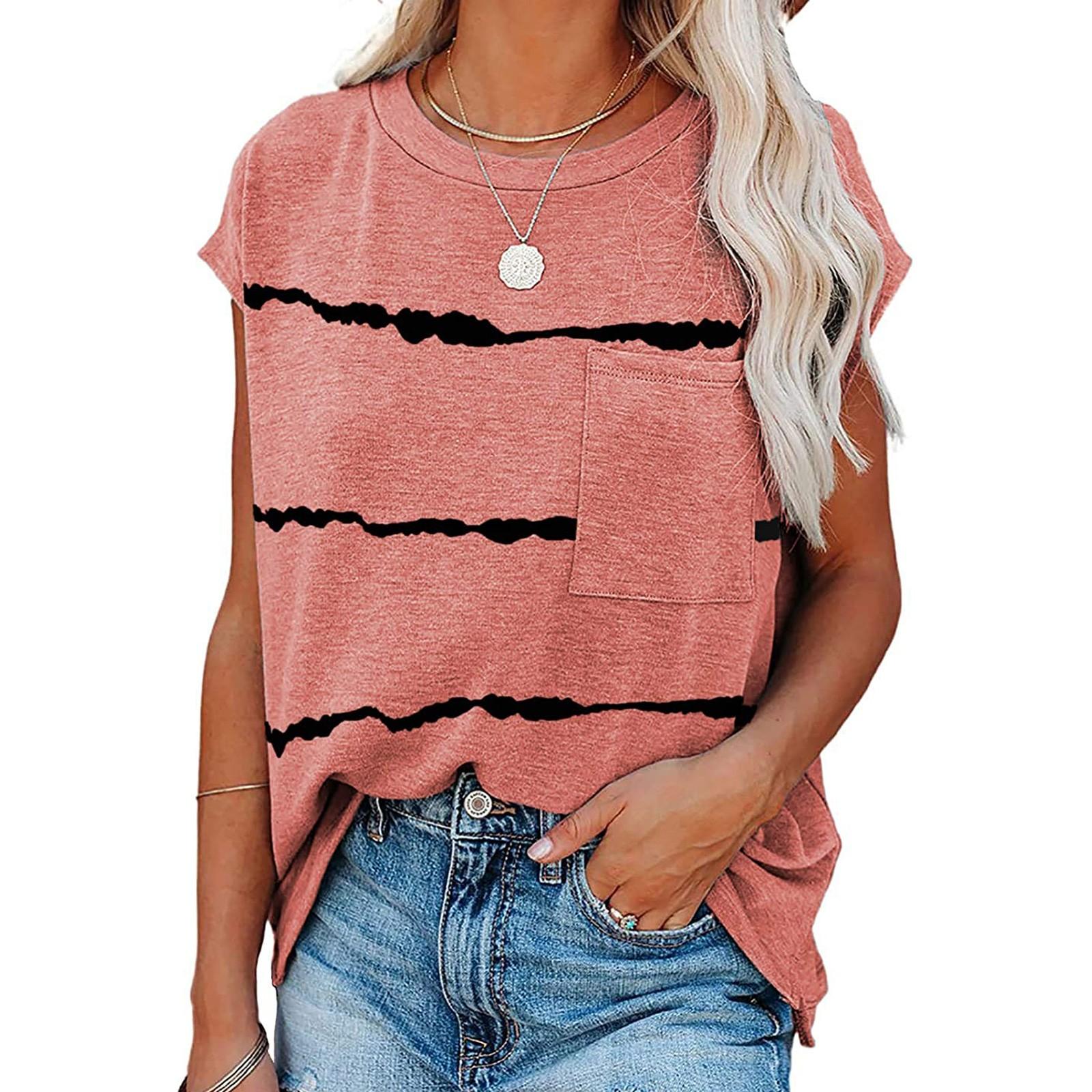 

Женские повседневные свободные футболки с короткими рукавами и круглым вырезом в полоску с принтом, топы M розовый