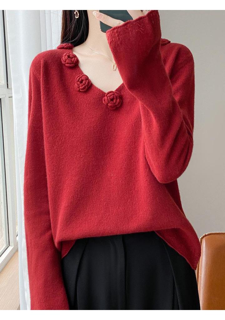 Silk Wool 3D Floral Patchwork Sweater: Women's Autumn/Winter Crochet Knitwear
