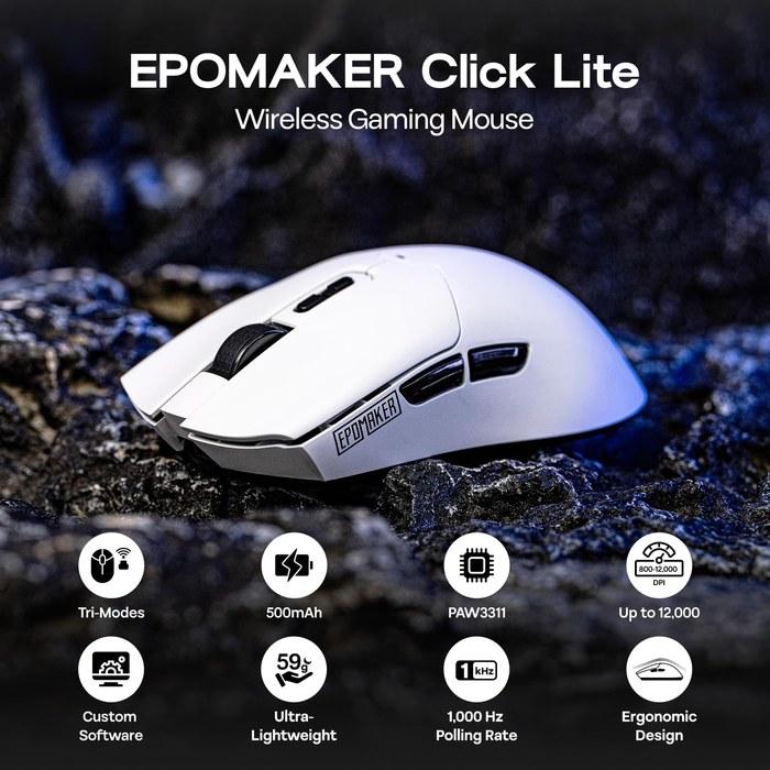 EPOMAKER Click Lite Wireless Gaming Mouse 800-12,000 DPI PAW3311 Sensor 59g 500mAh Battery 2.4GHz/BT/USB-C Rechargeable (White)