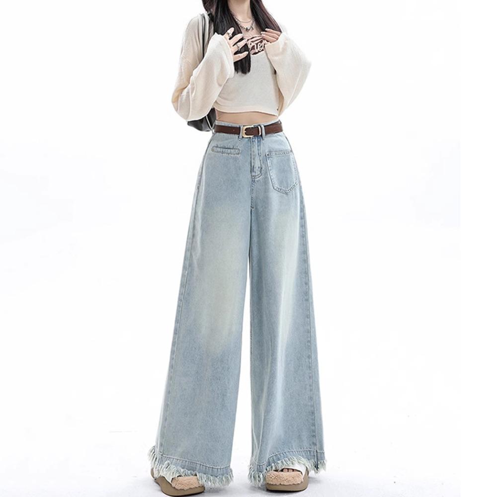 Jeans a Gamba Larga con Bordo Grezzo Stile Street Lazy Donna Nuovi per Primavera e Autunno Vita Alta Skinny Larghi Jeans a Spazzare il Pavimento
