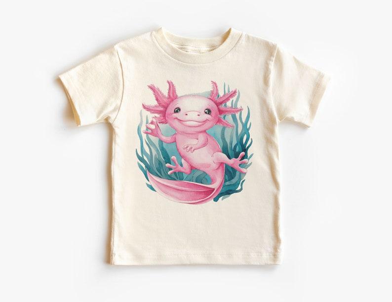 Swimming Pink Axolotl Salamander Kids Shirt - Educational Amphibian Outfit - Axolotl Obsessed Tee - Toddler & Toddler Boho Natural T-Shirt 140