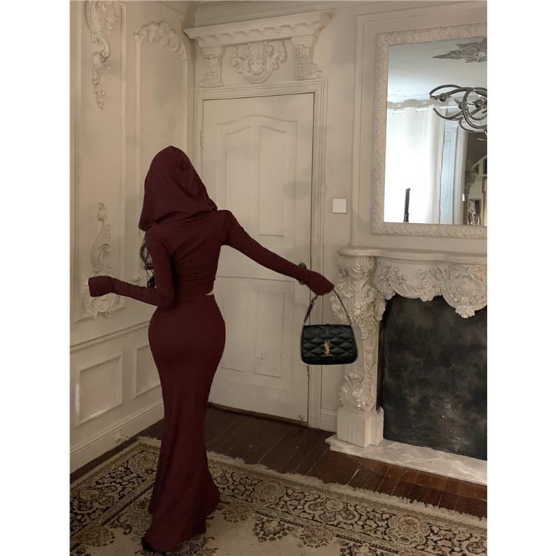 Fashion Elegant Long Sleeve Hoodie Top and High-waisted Fishtail Hip Skirt Suit for Women Spring Autumn Casual Slim Fit Simple Clothes Outfits 2845
