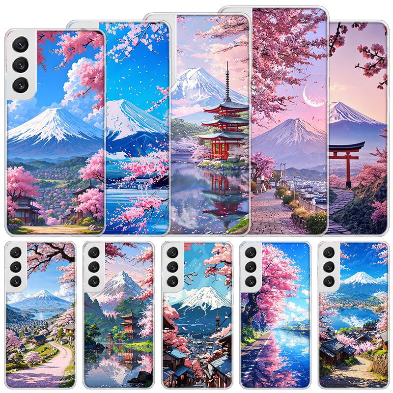 Japanese Cherry Mount Fuji Soft Case For Samsung Galaxy S25 S24 S23 S22 Ultra Phone Cover S20 FE S21 Plus S25 Edge + Funda Coque