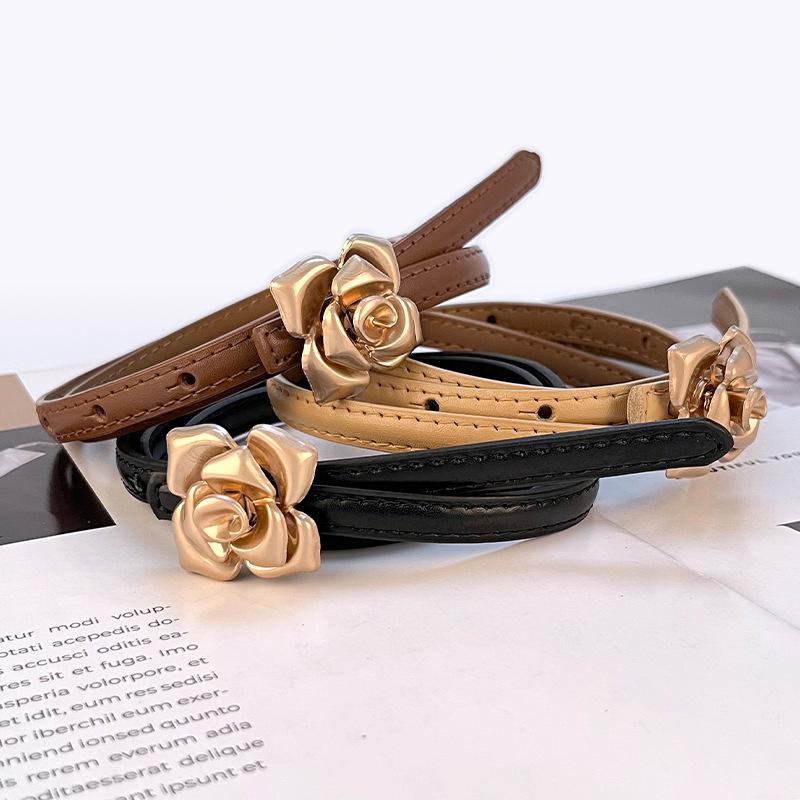 Four Seasons Available New Women'S Leather Thin Belt With Flower Waist For Skinny Look, Leather Belt With Sweater Dress