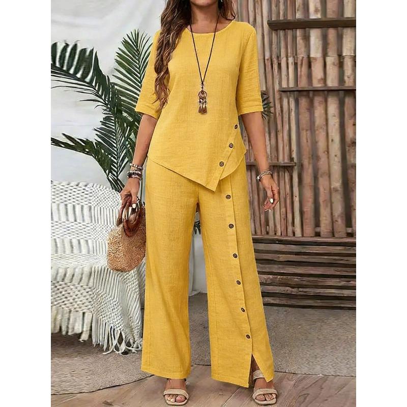 Women's new irregular hem trousers set, elegant fashion casual button loose two-piece set
