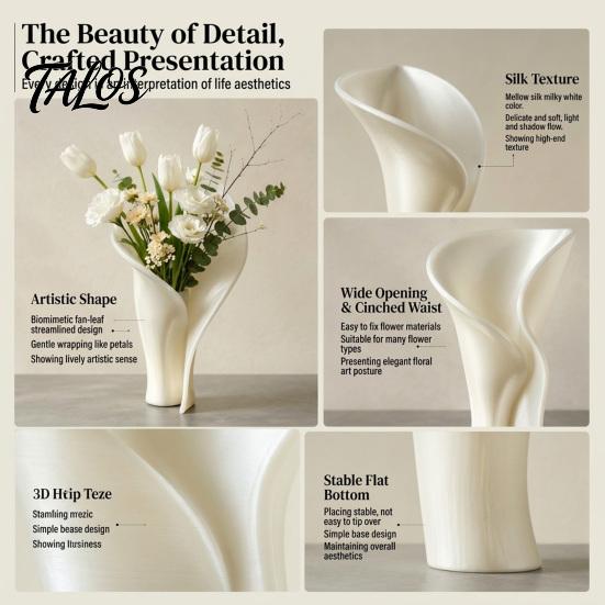 Durable PLA Vase for Floral Arrangement 3D Printed Leaf Shaped Vase, Decorative Flower Elegant Milky White Arrangement, Modern Tabletop Home